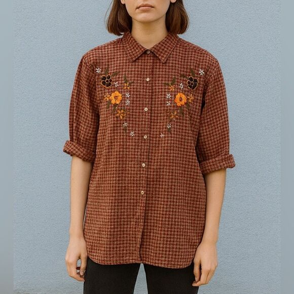 Vintage 90s BobbieBrooks Womens Red Plaid Embroidered Floral Button TShirt sz XL - Picture 1 of 5
